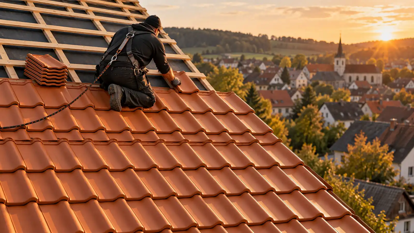 Dachdecker deckt ein Steildach mit roten Tonziegeln ein, im Hintergrund ein Ort im Abendlicht