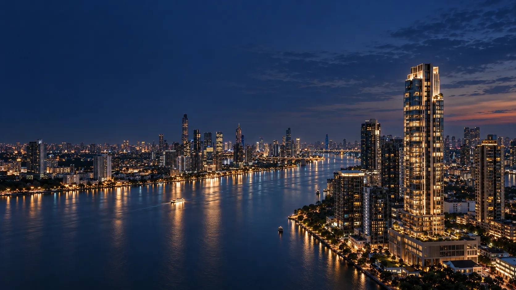 Nächtliche Skyline mit Fluss und Turm-Silhouette