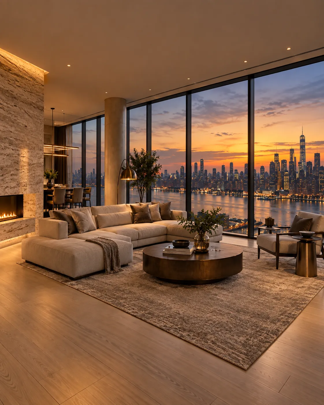 Wohnzimmer mit Panoramafenstern und Stadtblick