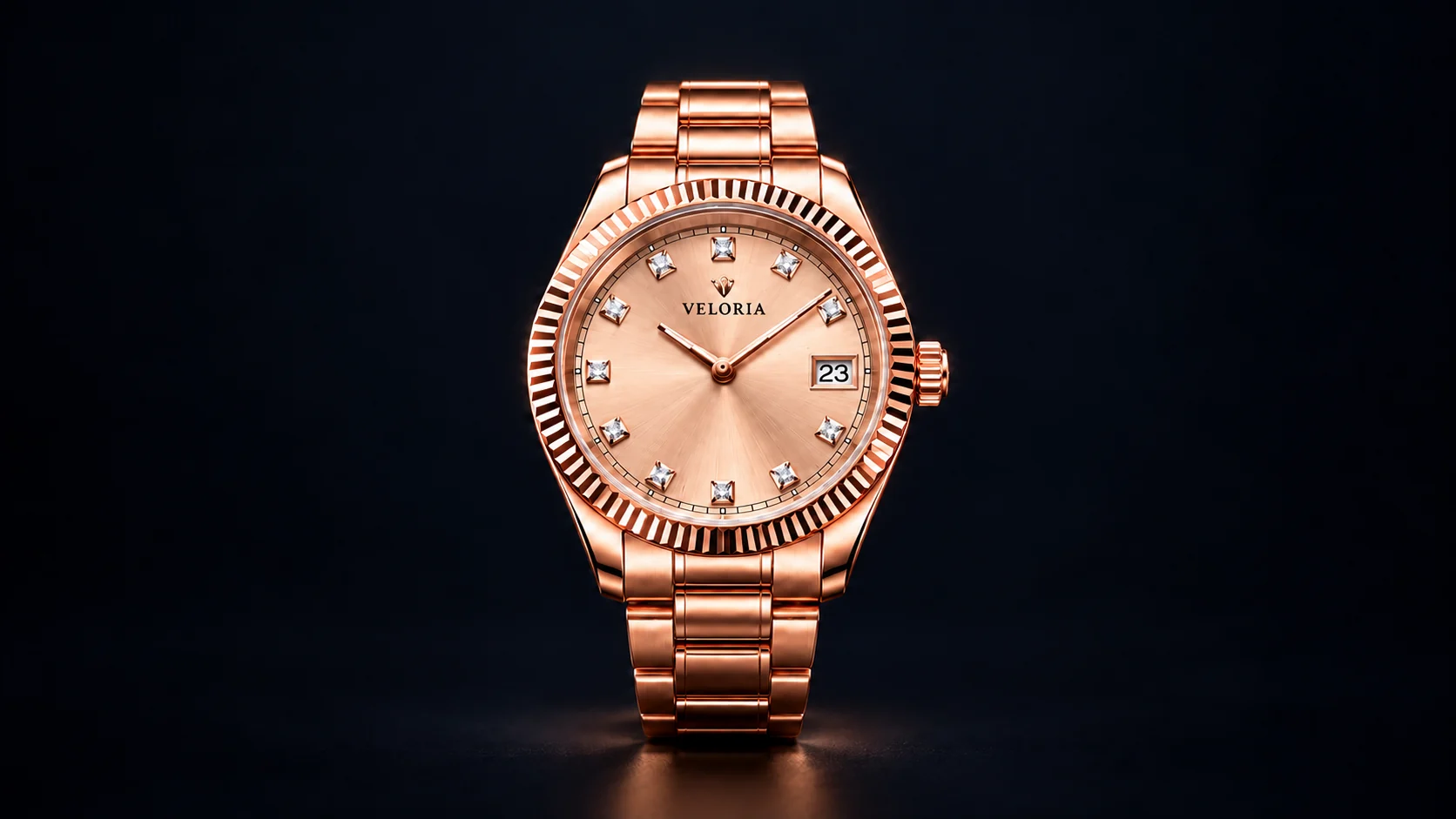 Frontansicht der VELORIA Roségold-Uhr