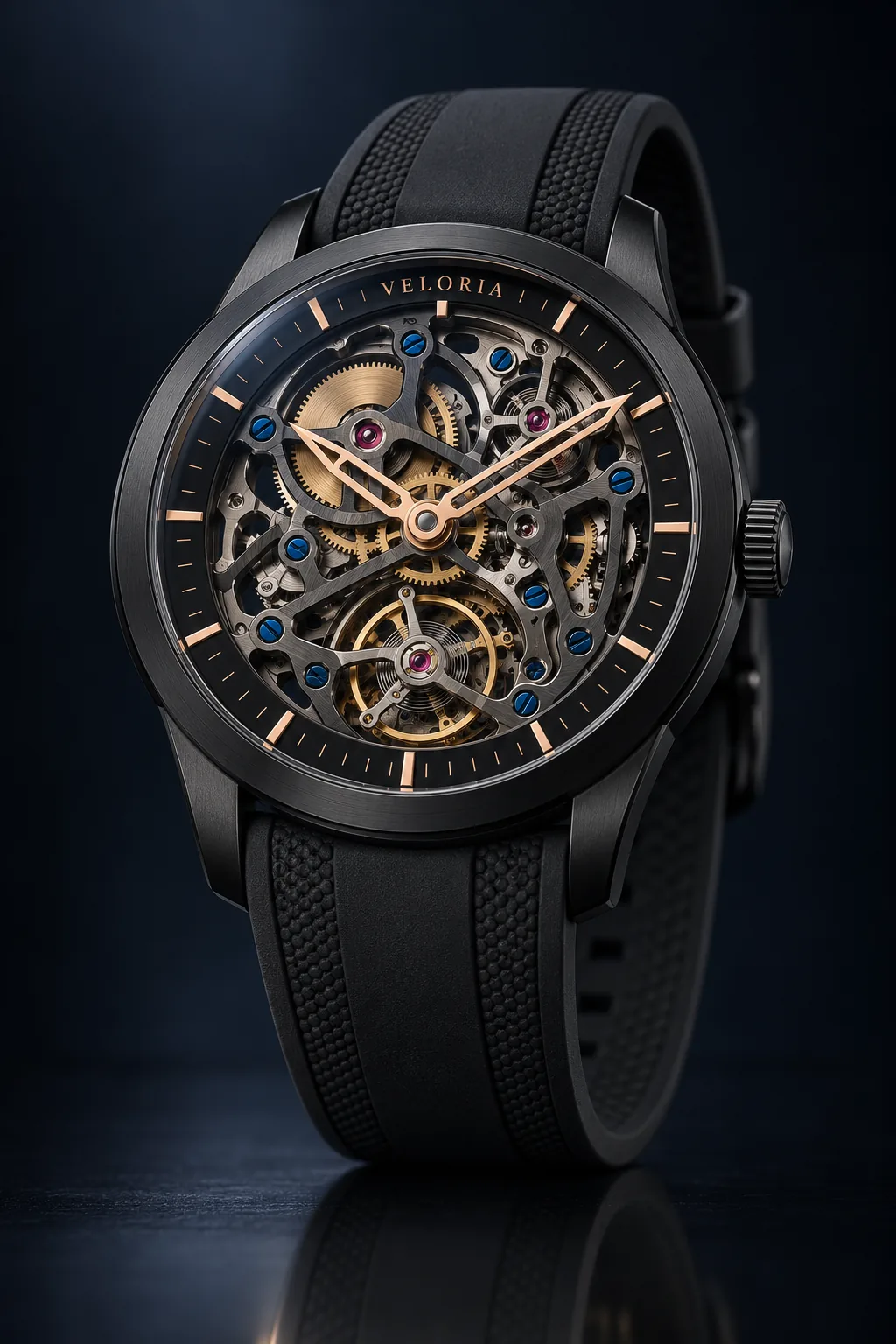 VELORIA Obsidian mit offenem Uhrwerk