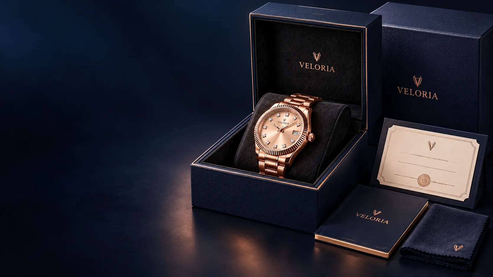 VELORIA Präsentationsbox mit Uhr, Zertifikat, Begleitbuch und Pflegetuch